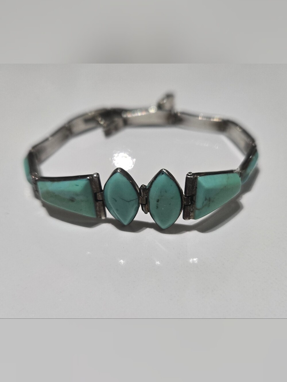 Vintage 950 Fine Silver Mexican Turquoise Inlay Link Bracelet